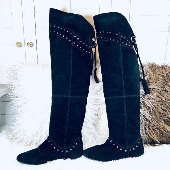 Vintage STEAMPUNK Suede Studded Over Knee Boots - Picture 1 of 16